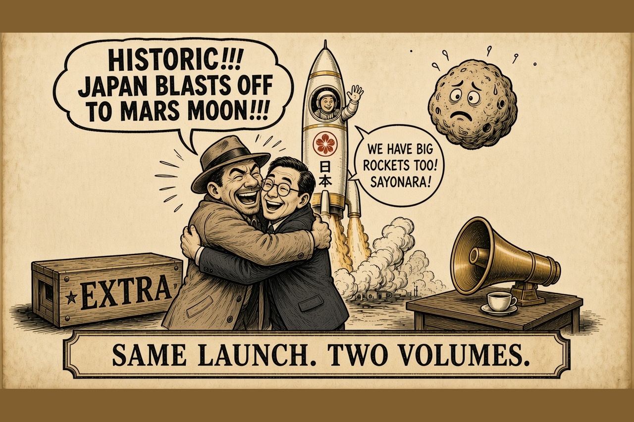 Cartoon: a reporter in a hat shouts “Historic!!! Japan blasts off to Mars moon!!!” while hugging a smiling man in glasses. An astronaut waves from a rocket, “We have big rockets too! Sayonara!”, a nervous little moon looks on, and a gramophone horn sits beside a teacup. Caption: Same launch. Two volumes.
