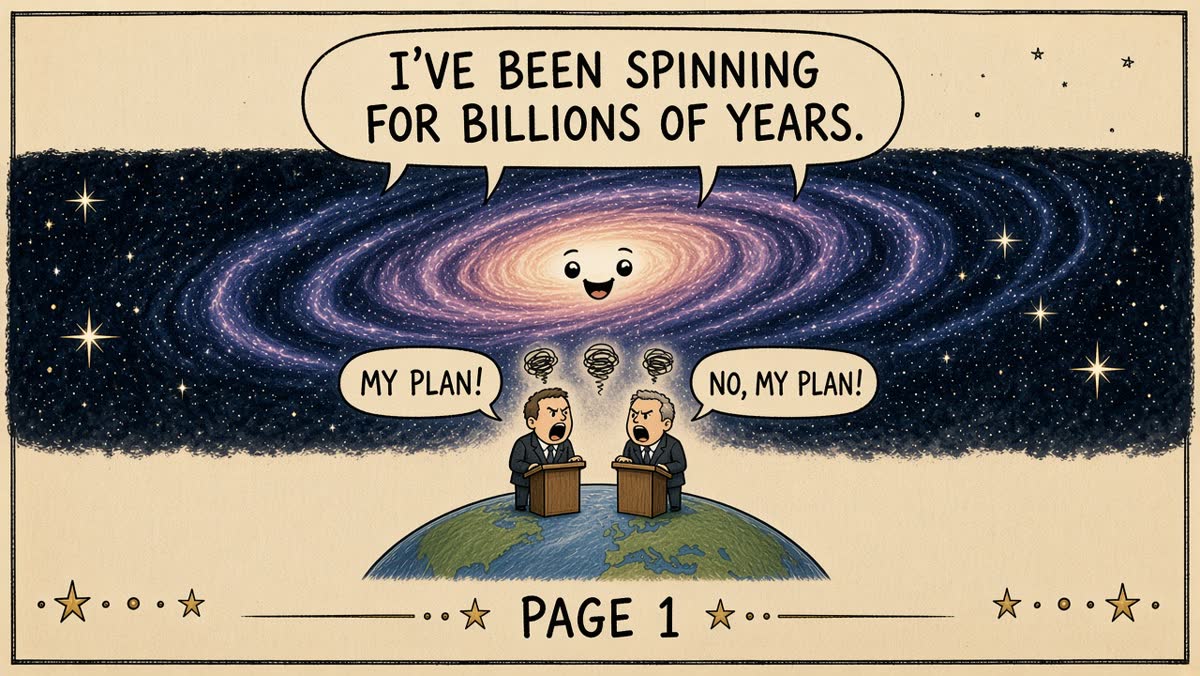 Page 1. A spiral galaxy. Politicians shout "My plan!" and "No, my plan!" The galaxy says: "I've been spinning for billions of years."