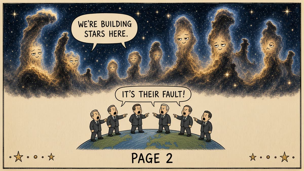 Page 2. Nebula pillars. Politicians shout "It's their fault!" The pillars say: "We're building stars here."