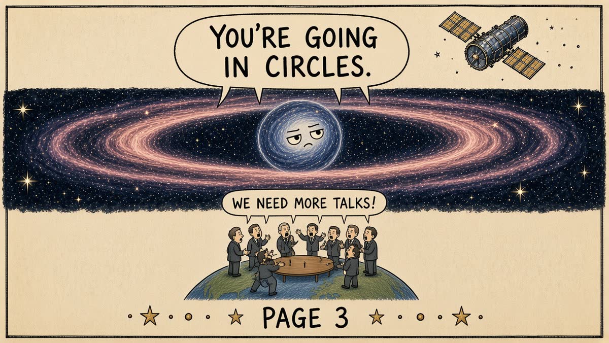 Page 3. A ring galaxy. Politicians shout "We need more talks!" The ring says: "You're going in circles."