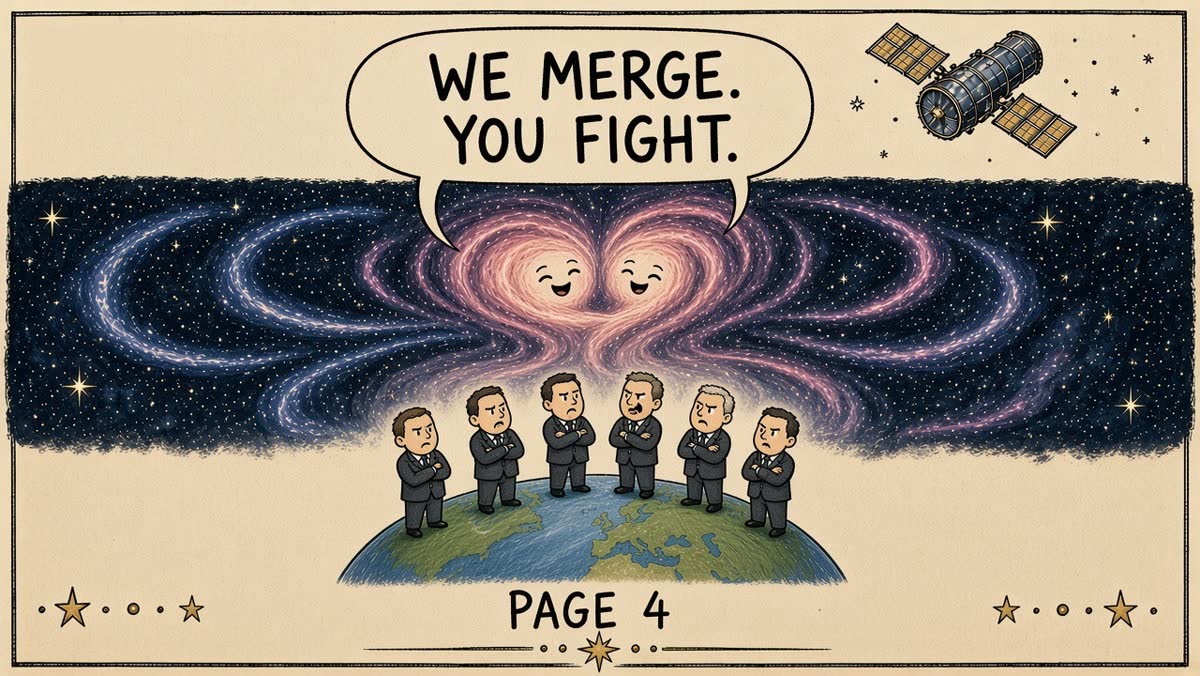 Page 4. Two colliding galaxies say: "We merge. You fight."