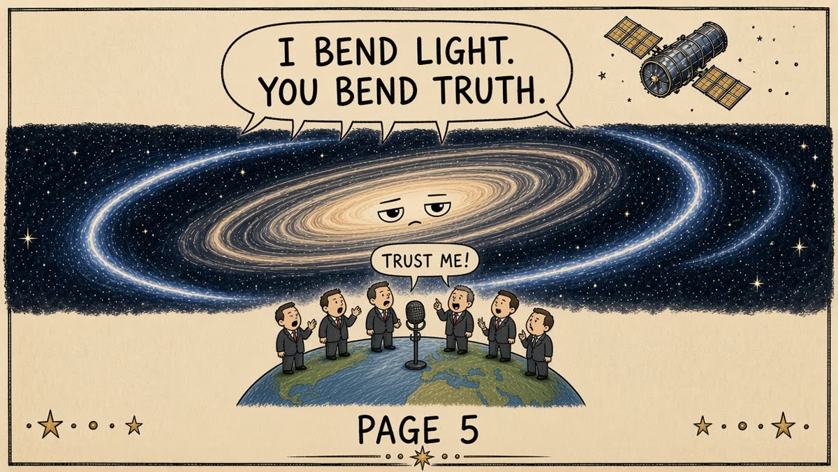 Page 5. A gravitational lens. A politician says "Trust me!" The lens says: "I bend light. You bend truth."