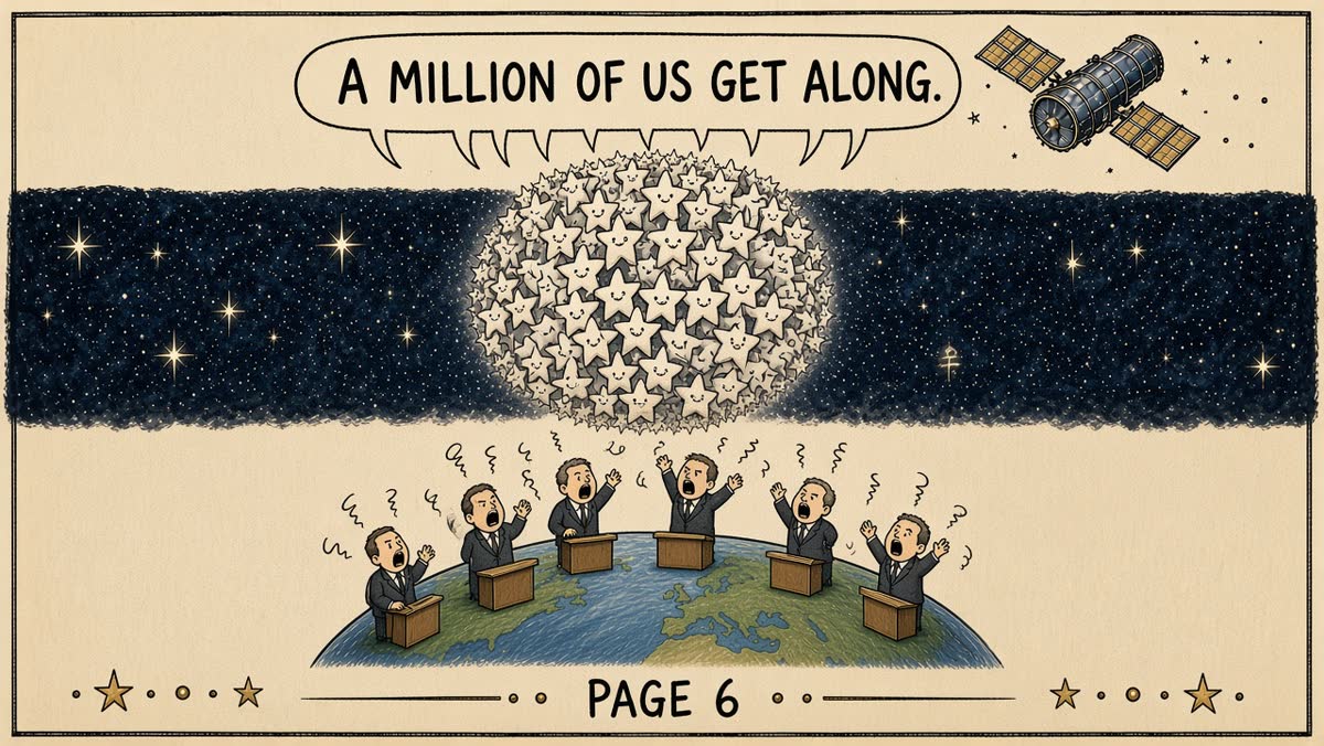 Page 6. A star cluster says: "A million of us get along."