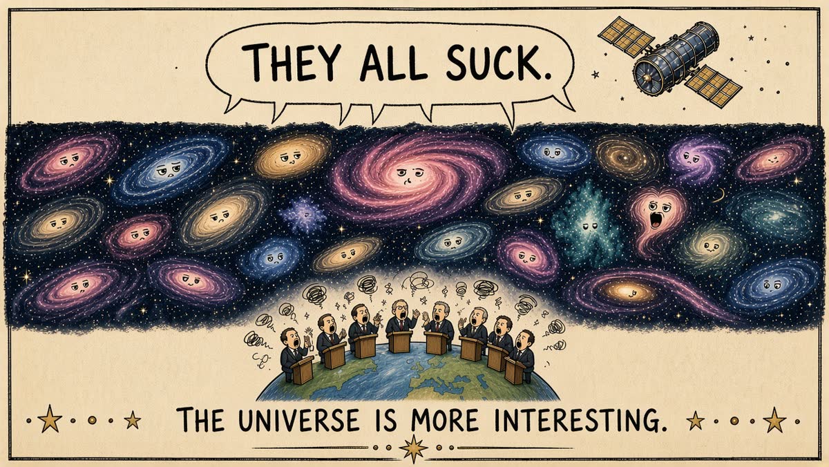 Page 7. A deep field full of galaxies. One galaxy says: "They all suck." Caption: "The universe is more interesting."