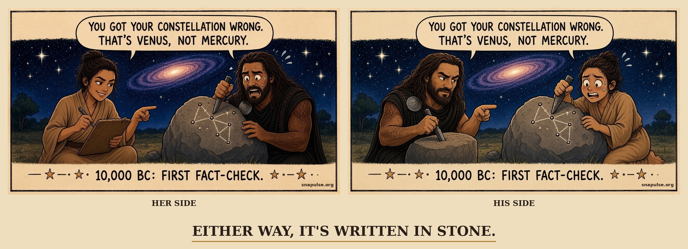 Two panels at night. Her side: Nin points at Enlil's star carving and says, You got your constellation wrong. That's Venus, not Mercury. His side: Enlil says the same to Nin. Caption: 10,000 BC: First fact-check. Either way, it's written in stone.