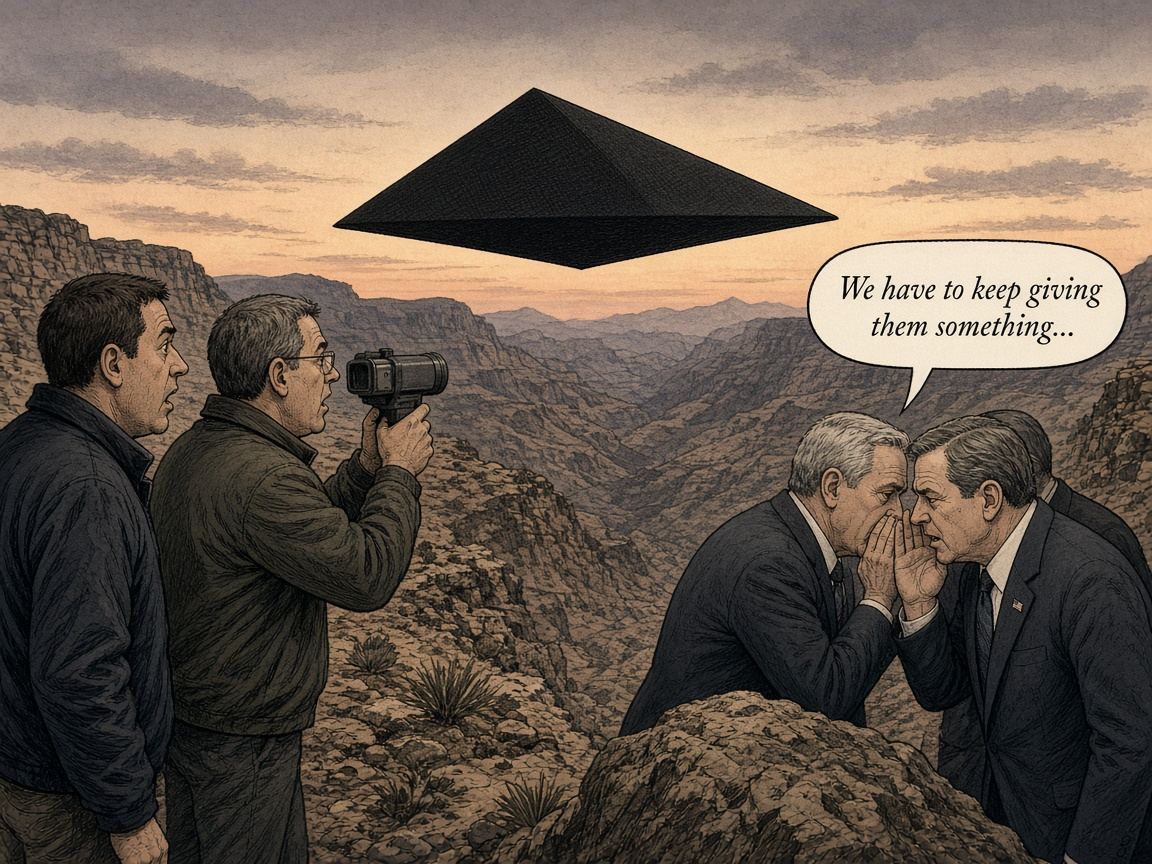 Comic: two made-up officials whisper behind a boulder, “We have to keep giving them something…”, while two agents, one holding a camera, watch a black triangle hover over a canyon ridge at dusk.