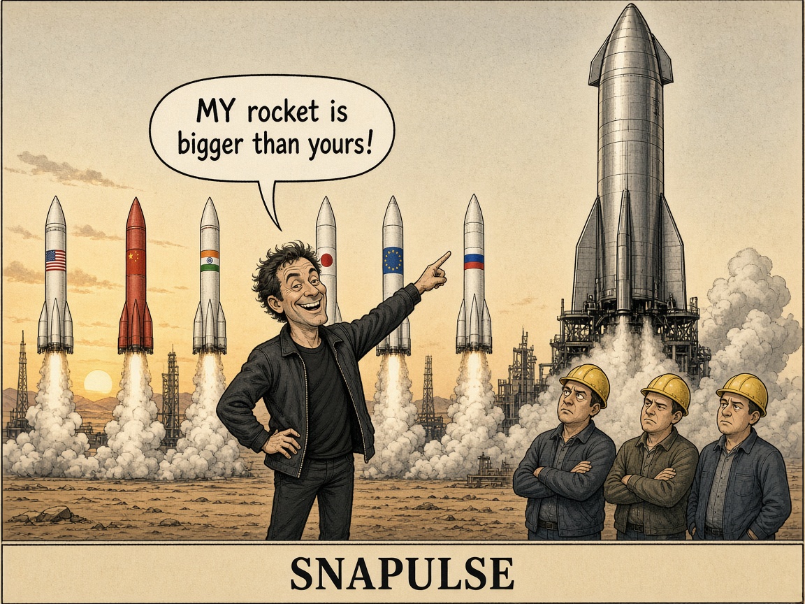 Comic: a made-up billionaire points up at a giant rocket and boasts, "MY rocket is bigger than yours!" in front of a row of national rockets, while three workers in hard hats look on, unimpressed.