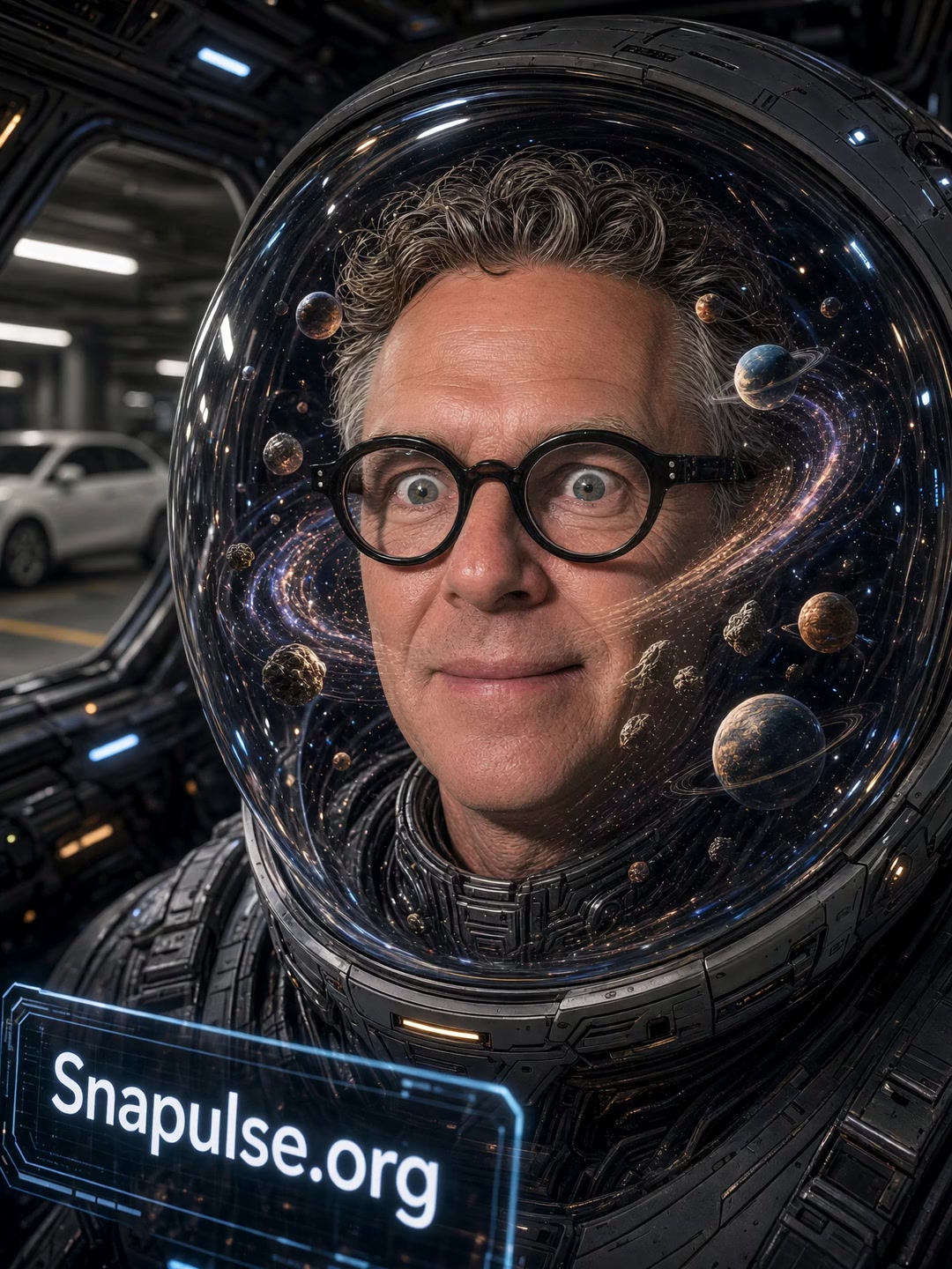 Snapulse editor tag — man in spacesuit helmet with planets in the visor, Snapulse.org.